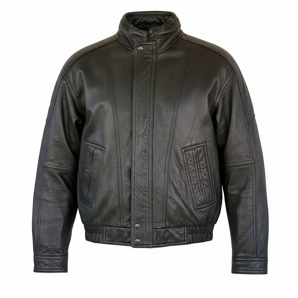 Fabiani Leather Jacket Men's M Black Pockets Full Zip Lined Shoulder Pads